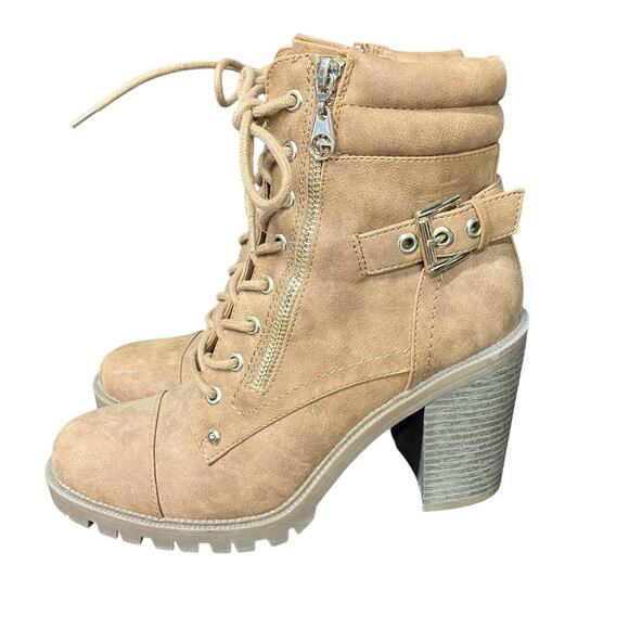G by Guess Jayden Combat boot Tan Womens 9m Block‎ Heel Zipper Buckle - Picture 1 of 12